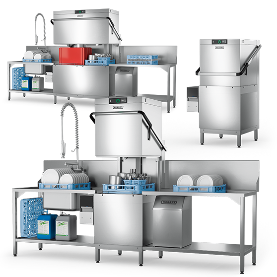 Several HOBART hood‑type dishwashers shown in different installation configurations, including complete stainless‑steel dishwashing lines with pre‑rinse spray units, dish racks, chemical containers and integrated work surfaces, illustrating modular professional warewashing setups.