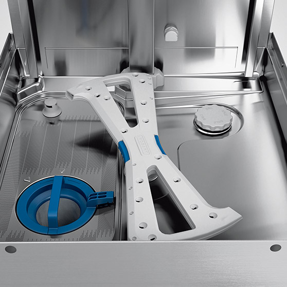 Interior view of a HOBART dishwasher showing the ROTOR‑X wash system with four‑wing cross wash arms and wide‑angle nozzles, designed to double the water contact time on wash items and distribute water efficiently for exceptionally high washing performance.
