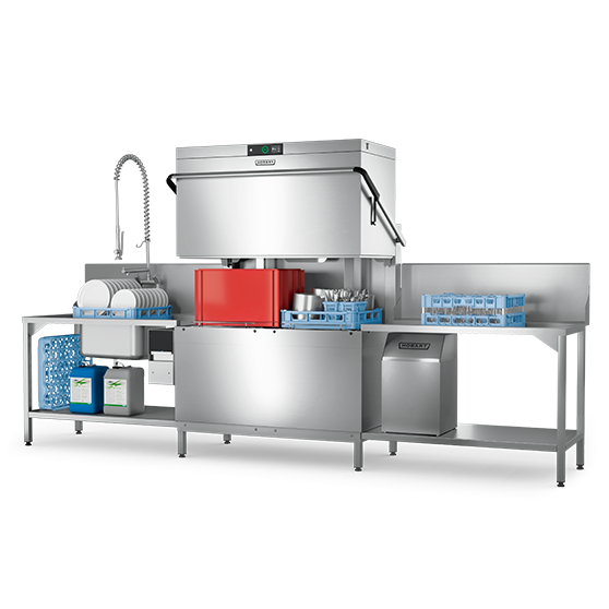 Front view of a HOBART AUPT hood‑type dishwasher integrated into a complete stainless‑steel dishwashing line, shown with a red wash chamber insert, dish racks, cutlery baskets, chemical containers and a pre‑rinse spray unit, illustrating the layout of a professional high‑capacity warewashing station.