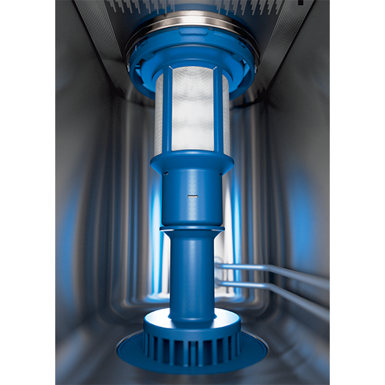  Interior view of a HOBART dishwasher showing the GENIUS‑X² fine filter system with its vertical cylindrical filter module, designed to keep the wash water permanently clean by processing the soil in three purification steps and reducing detergent consumption.