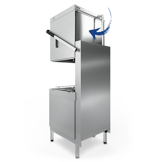 Side view of a HOBART hood‑type dishwasher with the hood lifted completely upward, showing the open washing chamber and the guided lifting mechanism highlighted by an arrow to illustrate the vertical opening design for ergonomic loading and unloading.