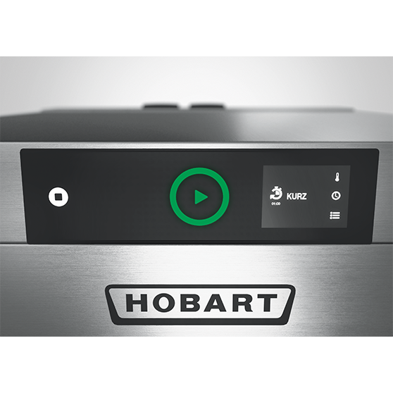 Close-up of the control panel of a HOBART commercial dishwasher, featuring a large illuminated green start button, a program display showing the short cycle and a stainless-steel housing, illustrating the intuitive and user-friendly operating interface.