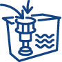  Icon representing an automatic soil removal system, showing a stylized filter unit inside a wash chamber with an arrow indicating the downward discharge of food particles and waves symbolizing circulating wash water.