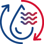 Icon representing wastewater heat recovery, showing a blue water droplet with thermal wave lines inside and circular arrows in blue and red around it to symbolize energy recirculation and heat reuse.