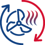 Simple icon of a fan with red heat waves and circular arrows indicating a heat recovery process.