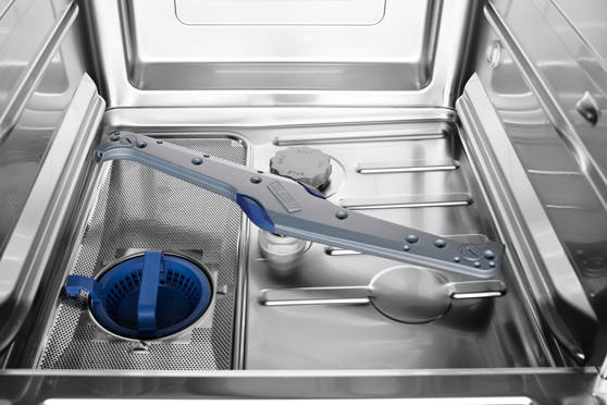 Interior view of a HOBART undercounter dishwasher with self-cleaning washing system, showing blue filter basket and spray arms