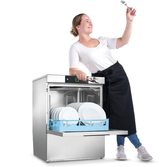 A woman stands next to a HOBART dishwasher holding a shiny knife in her hand
