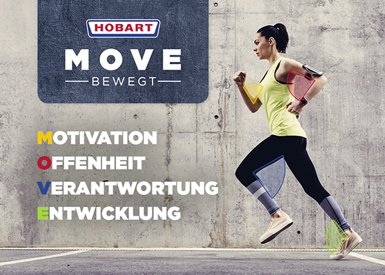 Runner in front of concrete wall with HOBART MOVE logo and values: Motivation, Openness, Responsibility, and Development. Represents movement, fitness, and company initiative for employee growth.