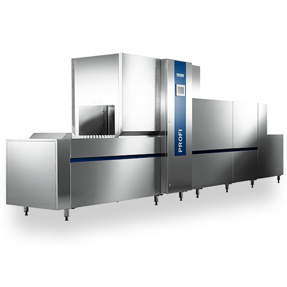 HOBART PROFI conveyor dishwasher for commercial kitchens, automatic washing system with stainless steel design and energy-efficient technology for hygienic cleaning of dishes and glasses.