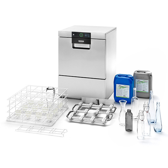 Professional HOBART undercounter dishwasher with accessories for bottle cleaning, including adapter rack, glass bottles and detergents, hygienic solution for foodservice and beverage industry.
