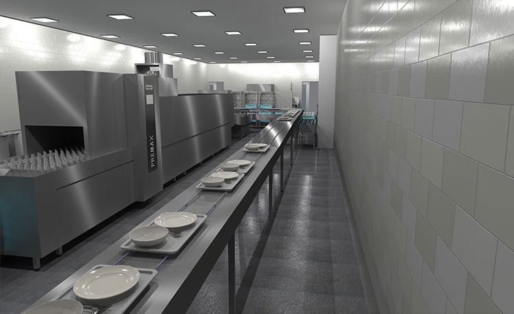 Example layout of a HOBART FLOW Line autoLINE in a modern dishwashing area, automatic washing system with long conveyor for efficient cleaning of plates and dishes, stainless steel construction for hygienic and optimized workflows.