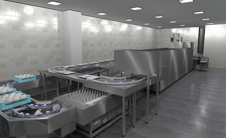 Example layout of a HOBART FLOW Line autoLINE in a modern dishwashing area, automatic washing system with curved conveyor for efficient cleaning of dishes and glasses, stainless steel design for hygienic and optimized workflows.